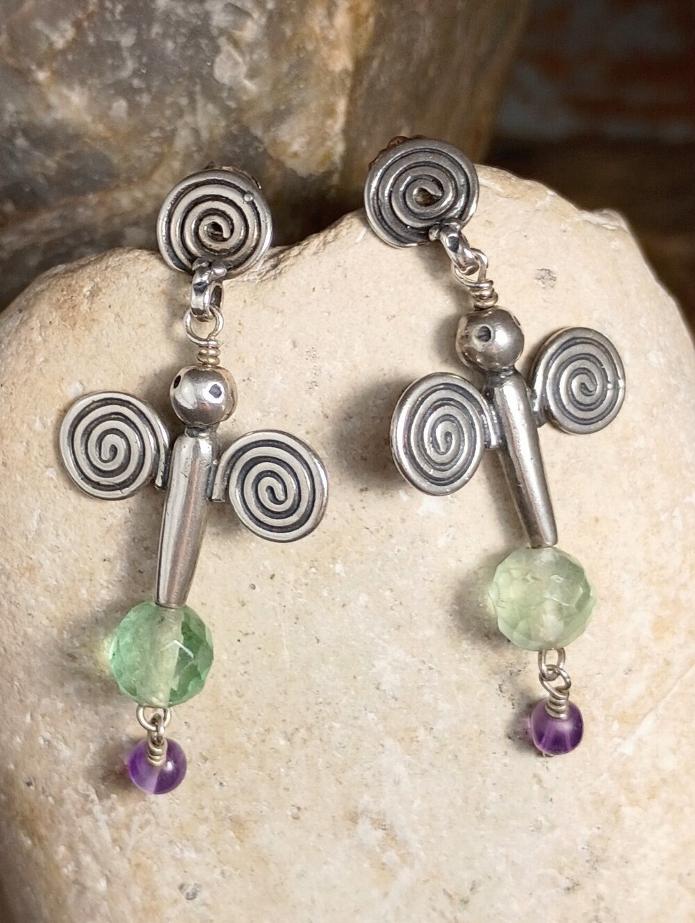 Vintage Sterling Silver Signed M&G Sculptural Artisan Dangle Earrings Amethyst